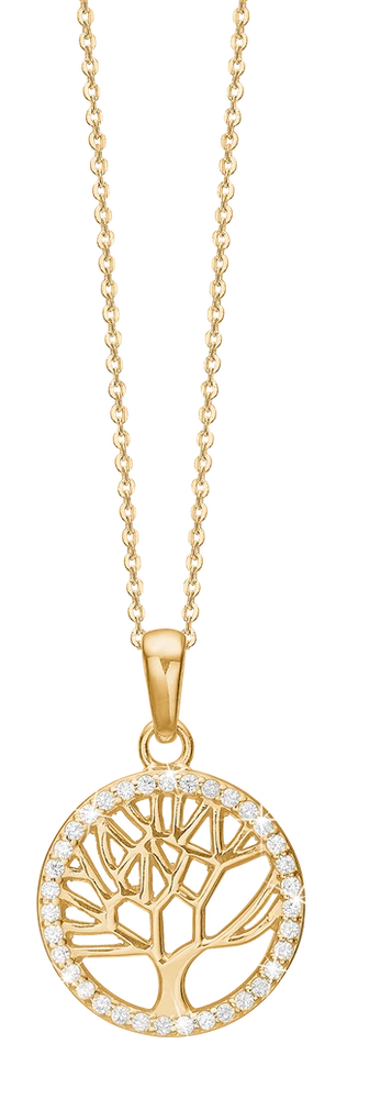 Halskæde med Vedhæng Livets Træ Rundt Cubic Zirkonia Forgyldt Sterling Sølv 45 cm 1680-S-G13-45