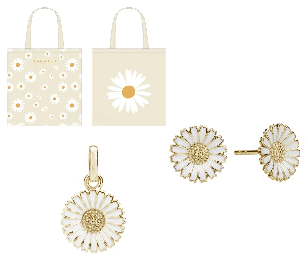 Marguerit Sæt Vedhæng Ørestikker Softbag Forgyldt Sterling Sølv 1685-M-25-G