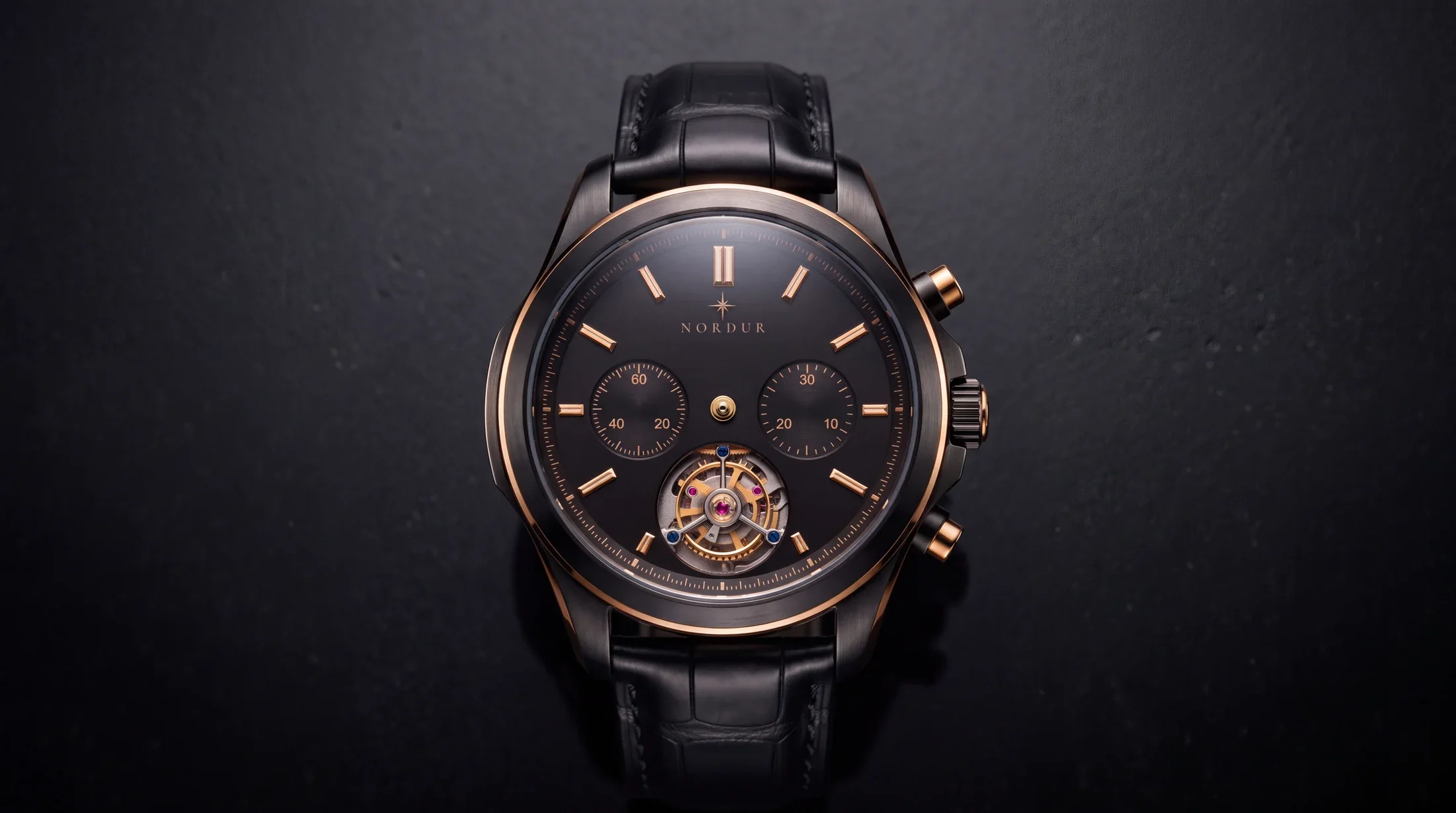 Et ur med sort kasse, poleret guldbezel og åbent tourbillon, fotograferet lige forfra